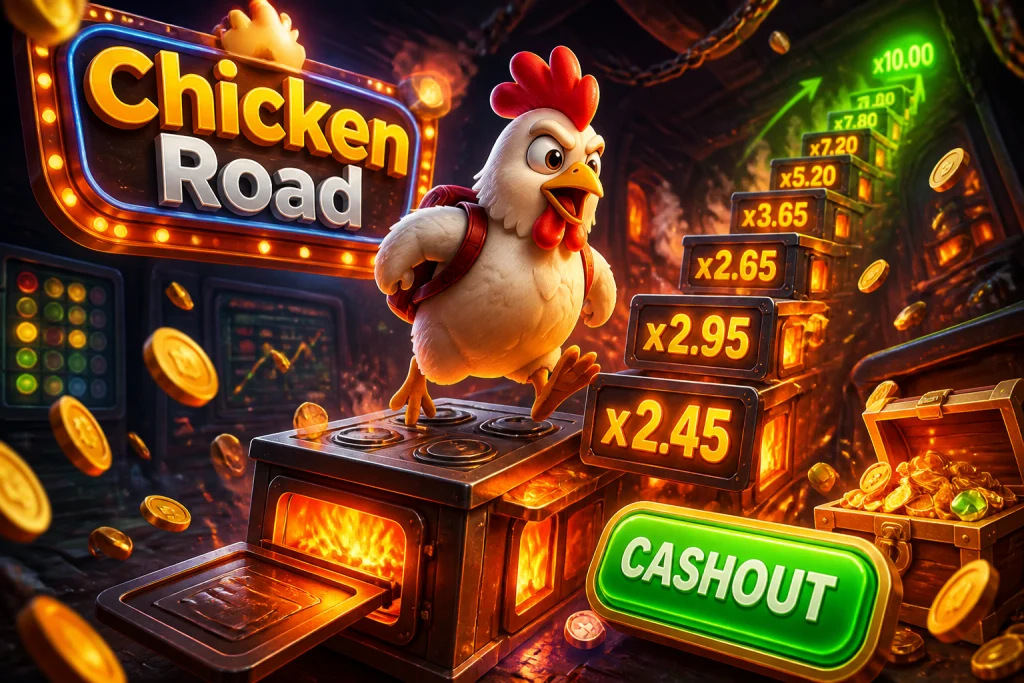 Chicken Road Demo: Figur auf der Ofenstraße mit steigendem Multiplikator und Cashout-Taste