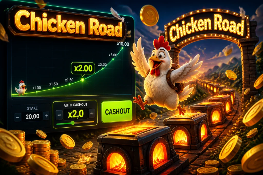 Chicken Road Echtgeld-Oberfläche mit Auto-Cashout-Schalter bei x2,0 und steigender Multiplikator-Kurve