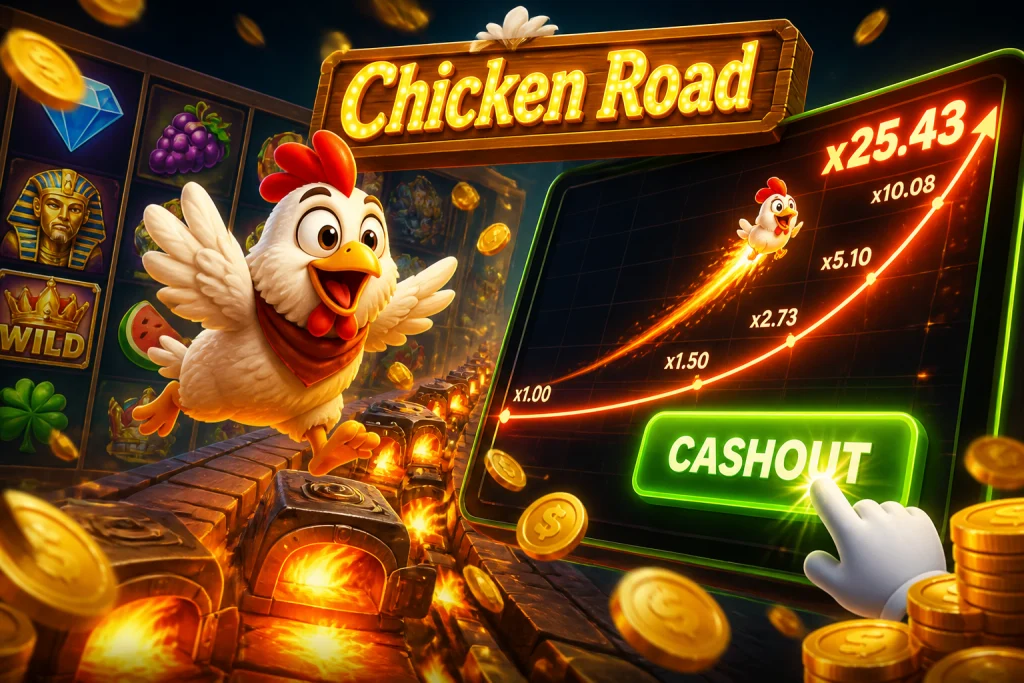 Vergleich Crash-Kurve mit Cashout-Button gegen abgedunkelte Slot-Walzen im Hintergrund