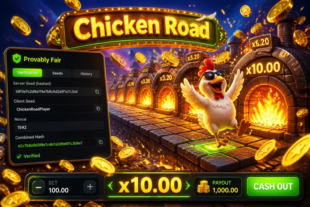 Provably-Fair-Menü eines Chicken-Road-Crash-Spiels mit gehashtem Server-Seed und Client-Seed-Feld