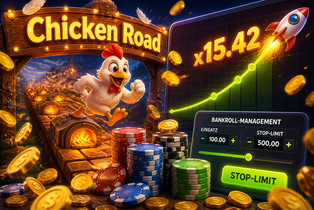 Bankroll-Management mit Stop-Limit-Regler und gestapelten Chips neben einer Crash-Kurve