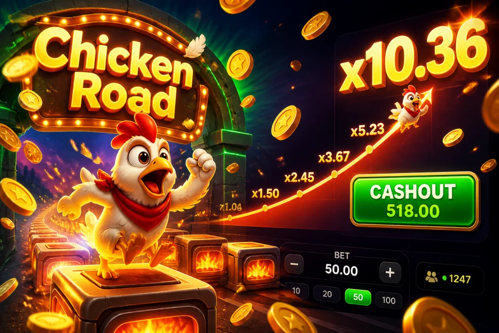 Crash-Spiel-Oberfläche mit steigender Multiplikator-Kurve und Cashout-Button als Beispiel für ein seriöses Chicken Road