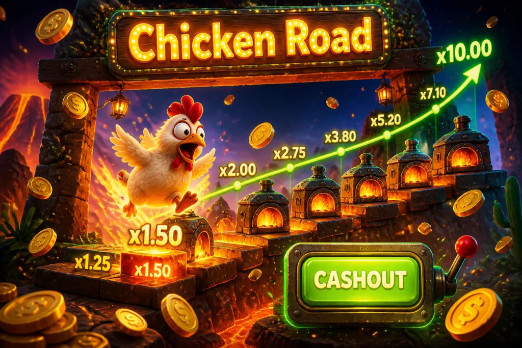 Chicken Road 2 Spielbildschirm mit steigender Multiplikator-Kurve und Cashout-Button